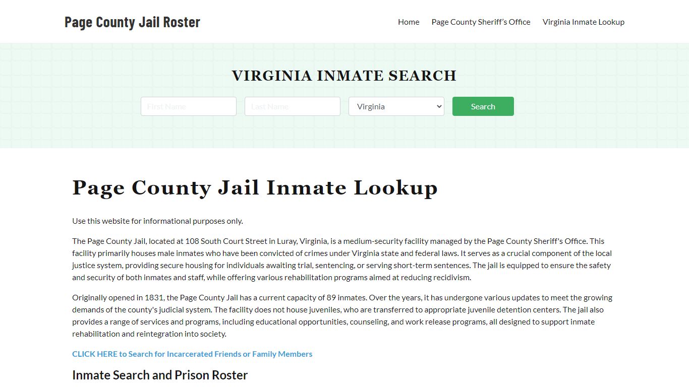 Page County Jail Roster Lookup, VA, Inmate Search